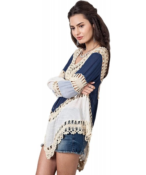 Cover-Ups Women's V-Neck Sexy Tassel Blouse Swimwear Crochet Top Stylish Beach Cover up (Blue- M) - CP18CTHE4NM