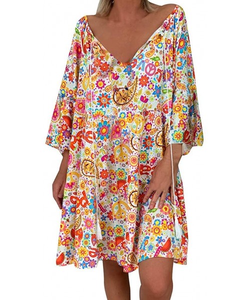 Bottoms Women's Ladies Loose Floral Print Three Quarter Sleeve Mini Dress Summer Dress - Orange - CM18WC0G34Y