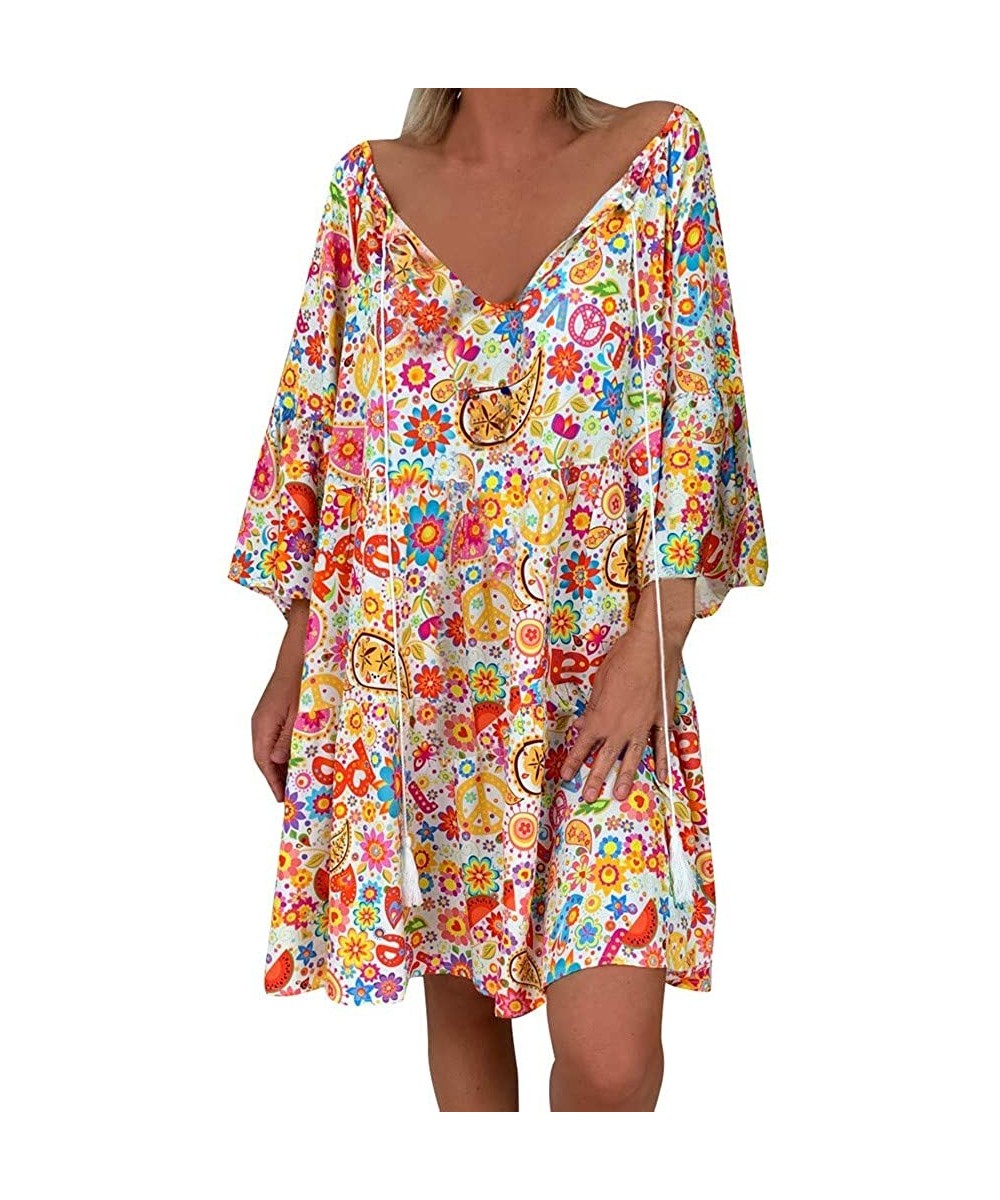 Bottoms Women's Ladies Loose Floral Print Three Quarter Sleeve Mini Dress Summer Dress - Orange - CM18WC0G34Y