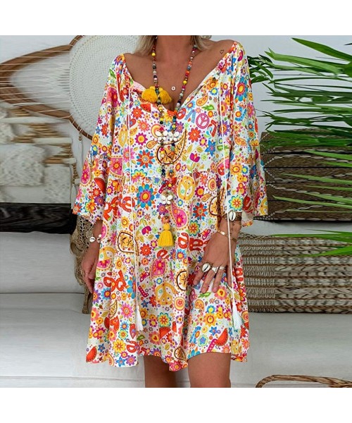 Bottoms Women's Ladies Loose Floral Print Three Quarter Sleeve Mini Dress Summer Dress - Orange - CM18WC0G34Y