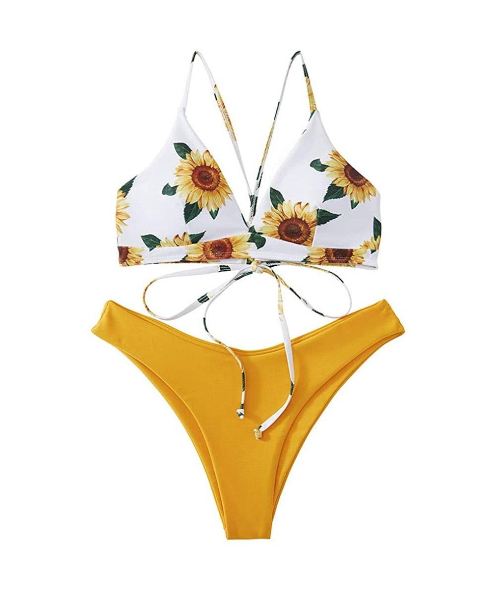 Sets Sunflower Swimsuits for Women Bikini Two Pieces Lace Up Bathsuit Swimwear Beachwear - A-yellow - C519C9M5L23