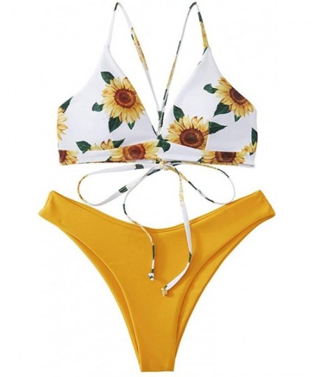 Sets Sunflower Swimsuits for Women Bikini Two Pieces Lace Up Bathsuit Swimwear Beachwear - A-yellow - C519C9M5L23