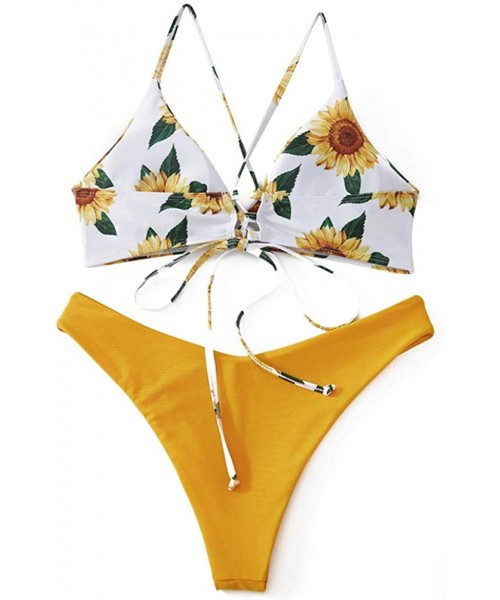 Sets Sunflower Swimsuits for Women Bikini Two Pieces Lace Up Bathsuit Swimwear Beachwear - A-yellow - C519C9M5L23