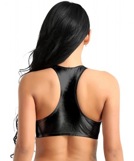 Tankinis Women's Shiny Metallic Leather Crop Tops Racerback Bustier Rave Dancewear - Black - CL18H46N5MK