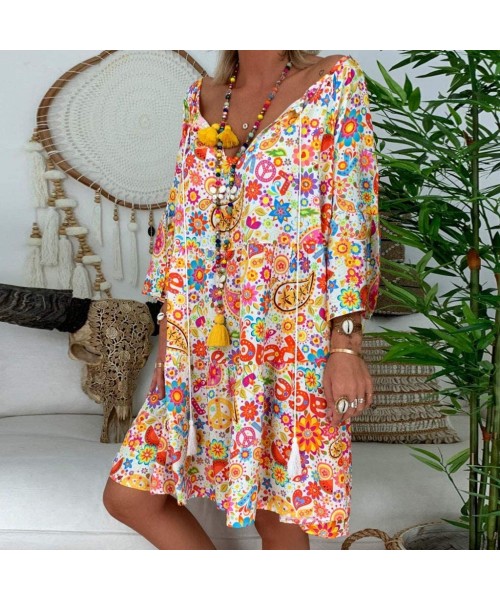 Bottoms Women's Ladies Loose Floral Print Three Quarter Sleeve Mini Dress Summer Dress - Orange - CM18WC0G34Y