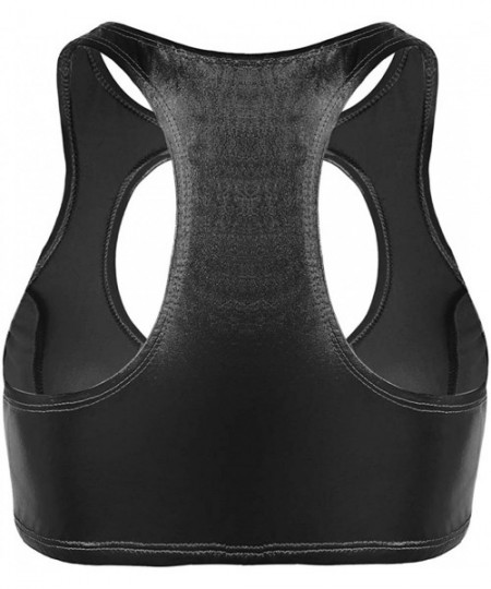 Tankinis Women's Shiny Metallic Leather Crop Tops Racerback Bustier Rave Dancewear - Black - CL18H46N5MK