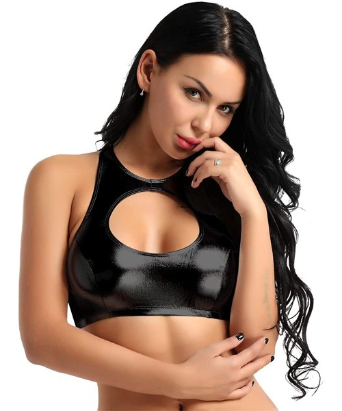 Tankinis Women's Shiny Metallic Leather Crop Tops Racerback Bustier Rave Dancewear - Black - CL18H46N5MK