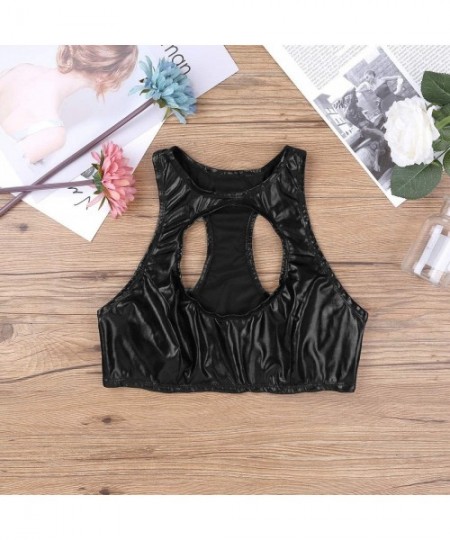 Tankinis Women's Shiny Metallic Leather Crop Tops Racerback Bustier Rave Dancewear - Black - CL18H46N5MK