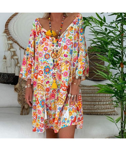 Bottoms Women's Ladies Loose Floral Print Three Quarter Sleeve Mini Dress Summer Dress - Orange - CM18WC0G34Y