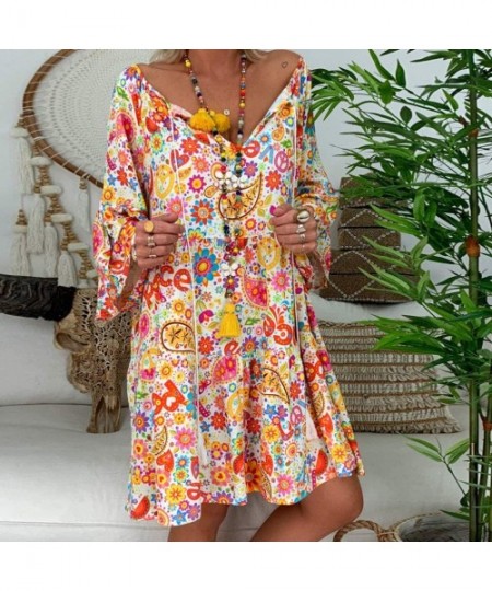 Bottoms Women's Ladies Loose Floral Print Three Quarter Sleeve Mini Dress Summer Dress - Orange - CM18WC0G34Y