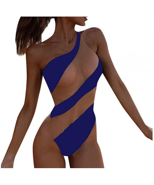 One-Pieces Women one Shoulder Patchwork Swimsuit 2020 Sexy One Piece Summer Swimwear Beach Wear Halter Bathing Suit - Blue - ...