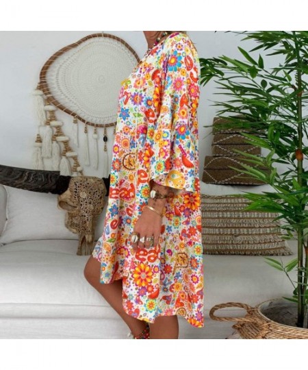 Bottoms Women's Ladies Loose Floral Print Three Quarter Sleeve Mini Dress Summer Dress - Orange - CM18WC0G34Y