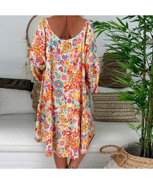 Bottoms Women's Ladies Loose Floral Print Three Quarter Sleeve Mini Dress Summer Dress - Orange - CM18WC0G34Y