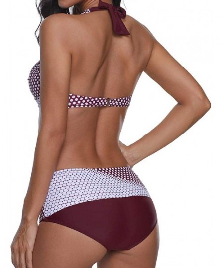 Rash Guards Women Two Piece Swimsuit Polka Dots Bathing Suit Push Up Halter Beach Bikini Swimwear Plus Size - Wine Red - CN18...