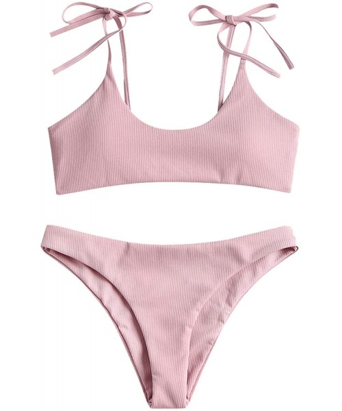 Sets Women Tie Shoulder Ribbed Bikini Set Padded Strap Swimsuit - Pink - C918TKM72KA