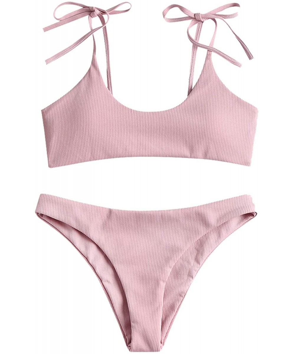 Sets Women Tie Shoulder Ribbed Bikini Set Padded Strap Swimsuit - Pink - C918TKM72KA