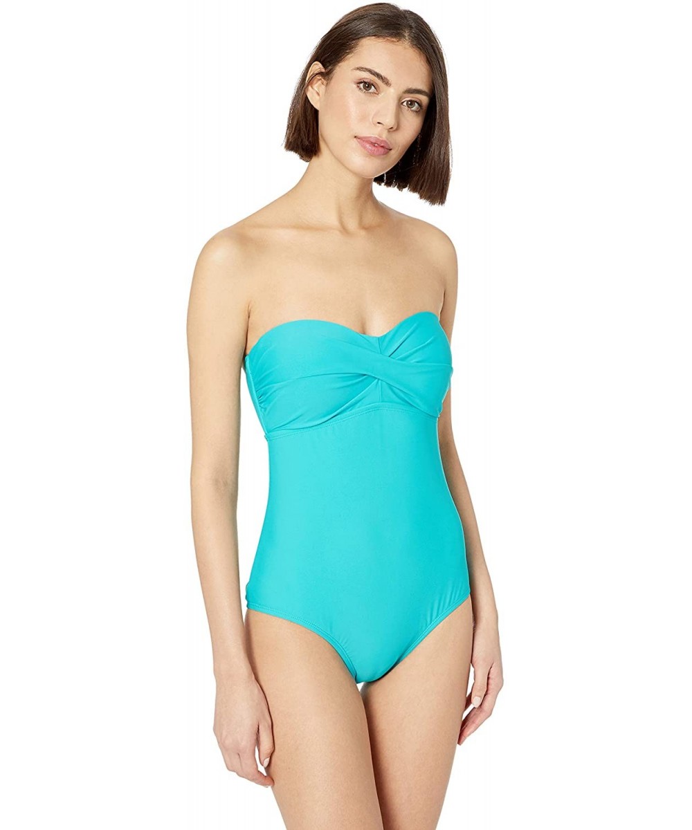 One-Pieces Women's Twist Front Bandeau One Piece Swimsuit - Teal Green - CH18NLQM6CE