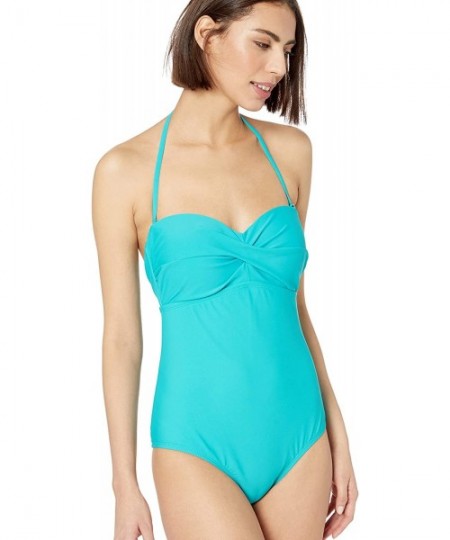 One-Pieces Women's Twist Front Bandeau One Piece Swimsuit - Teal Green - CH18NLQM6CE