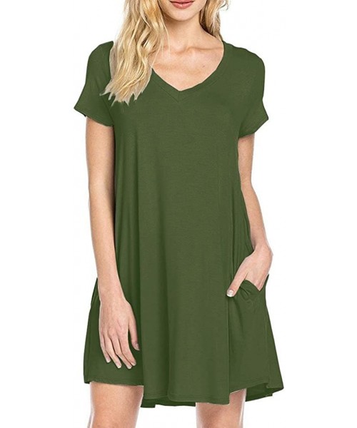 Cover-Ups Women Summer Casual T Shirt Dresses Short Sleeve Swing Loose Dress with Pockets - Green - C718Q9KAL40