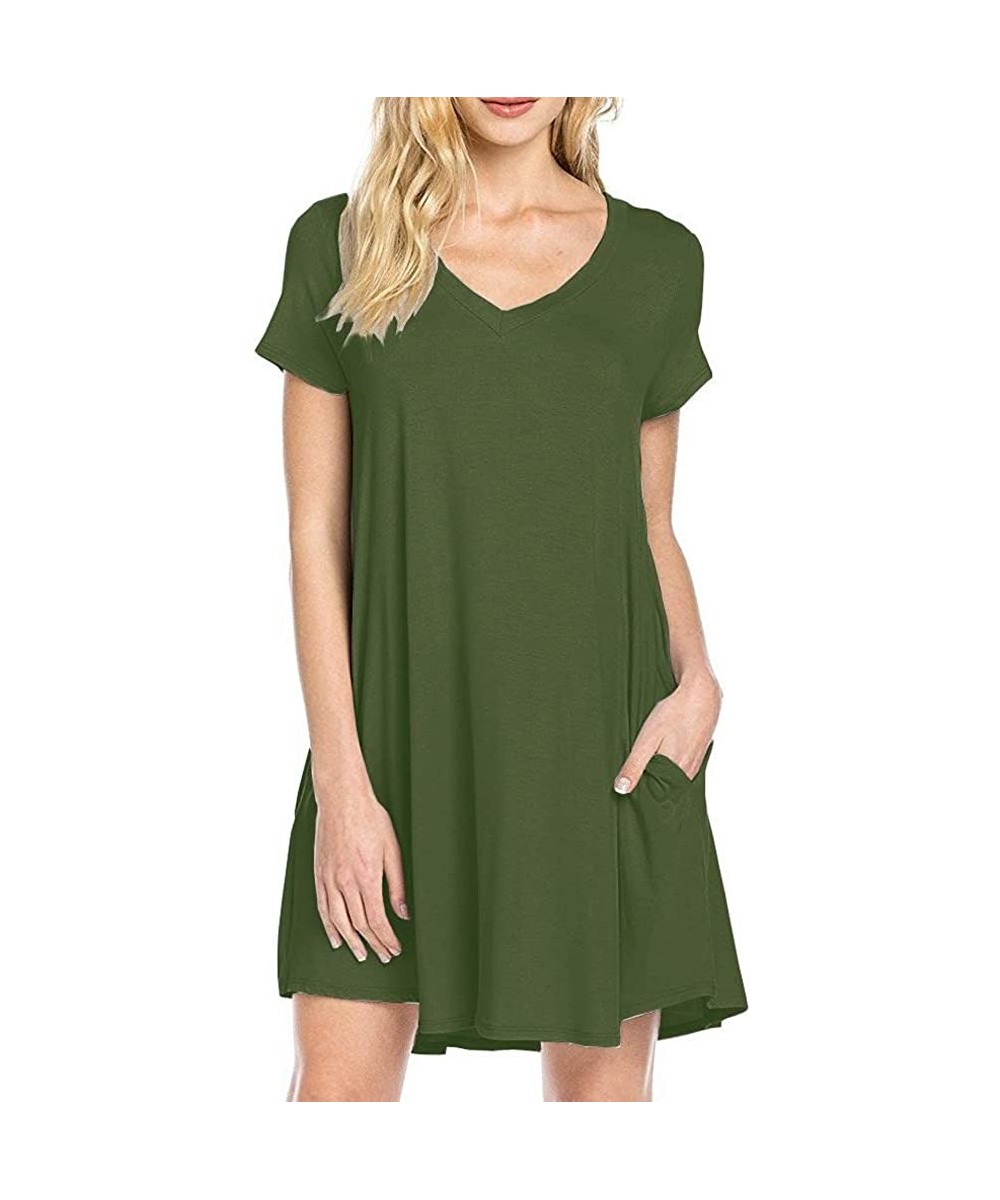 Cover-Ups Women Summer Casual T Shirt Dresses Short Sleeve Swing Loose Dress with Pockets - Green - C718Q9KAL40