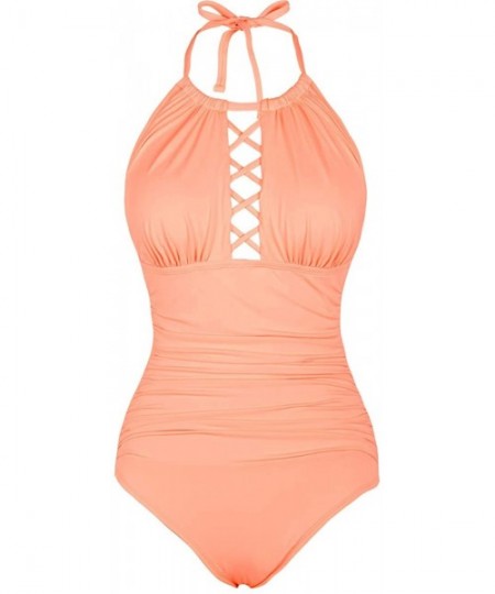 One-Pieces Women's One Piece Swimsuits Halter High Neck Ruched Long Torso Swimwear - Lightsalmon - CD194EDAN90