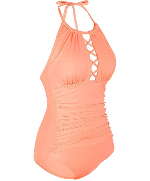 One-Pieces Women's One Piece Swimsuits Halter High Neck Ruched Long Torso Swimwear - Lightsalmon - CD194EDAN90