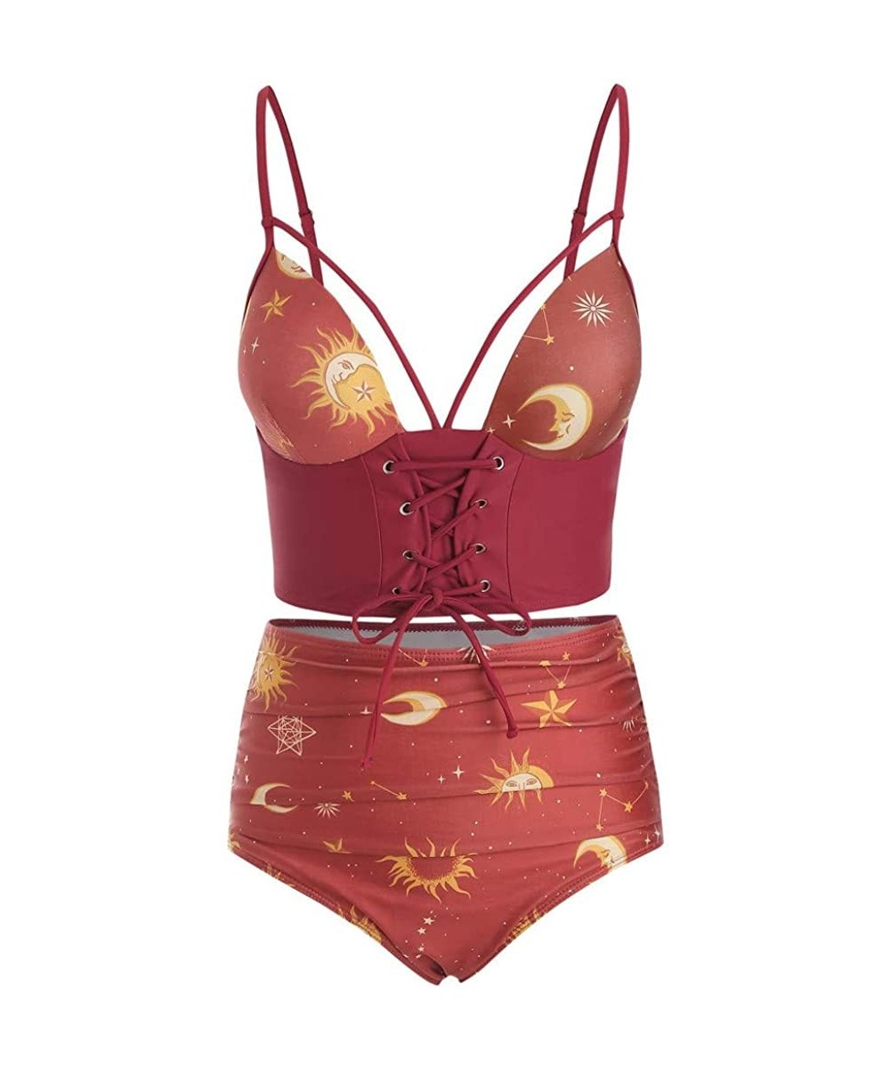 Sets Swimsuit for Women Plus Size 2020 Summer Fashion Cute Sexy Two Piece Push Up Tankini Sets Bathing Suit - 3red - CQ195SR0Y69