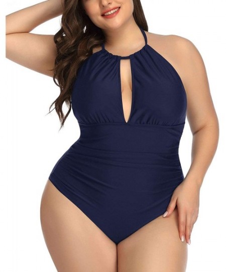 One-Pieces Women Plus Size V-Neck One Piece Bathing Suits Halter Tummy Control Swimsuits - Dark Blue-1 - CR18X6TL4E2