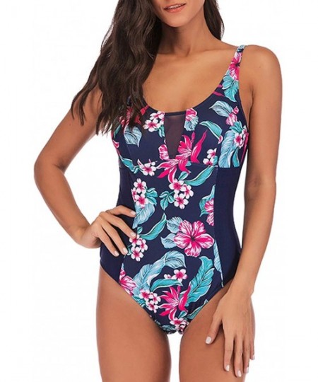 One-Pieces Women's One Piece Plus Size Swimsuits Floral High Waist Slim Fit Swimwear - Navy Blue - C318QA7CS9U