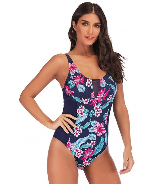 One-Pieces Women's One Piece Plus Size Swimsuits Floral High Waist Slim Fit Swimwear - Navy Blue - C318QA7CS9U