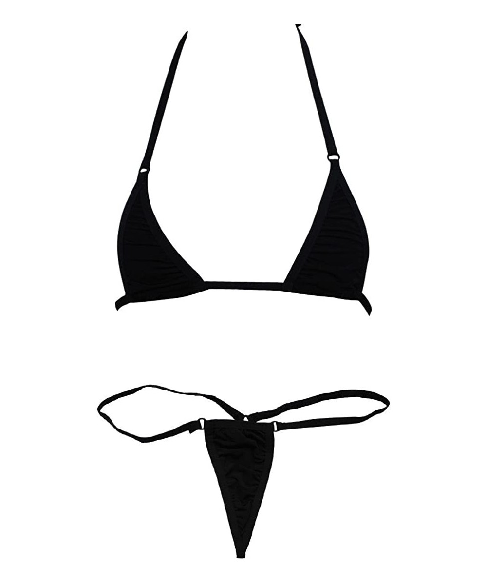 Sets Womenâ€s 2 Pcs Micro Bikini Set Triangle Crop Bra Sliding Top with G-String Thongs Swimsuit - Black - CL18L8IKHQS