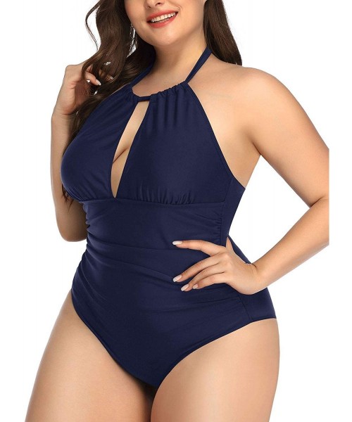 One-Pieces Women Plus Size V-Neck One Piece Bathing Suits Halter Tummy Control Swimsuits - Dark Blue-1 - CR18X6TL4E2