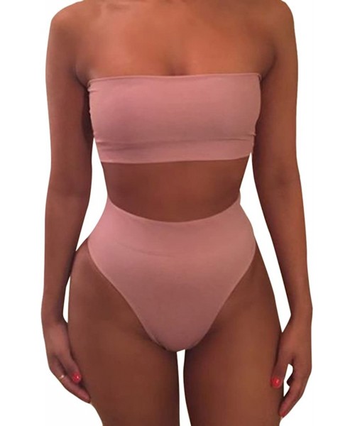 Sets Women's Removable Strap Bandeau Top High Cut Cheeky Bikini Set Swimsuit - Pink - CW18T2UE8ZR