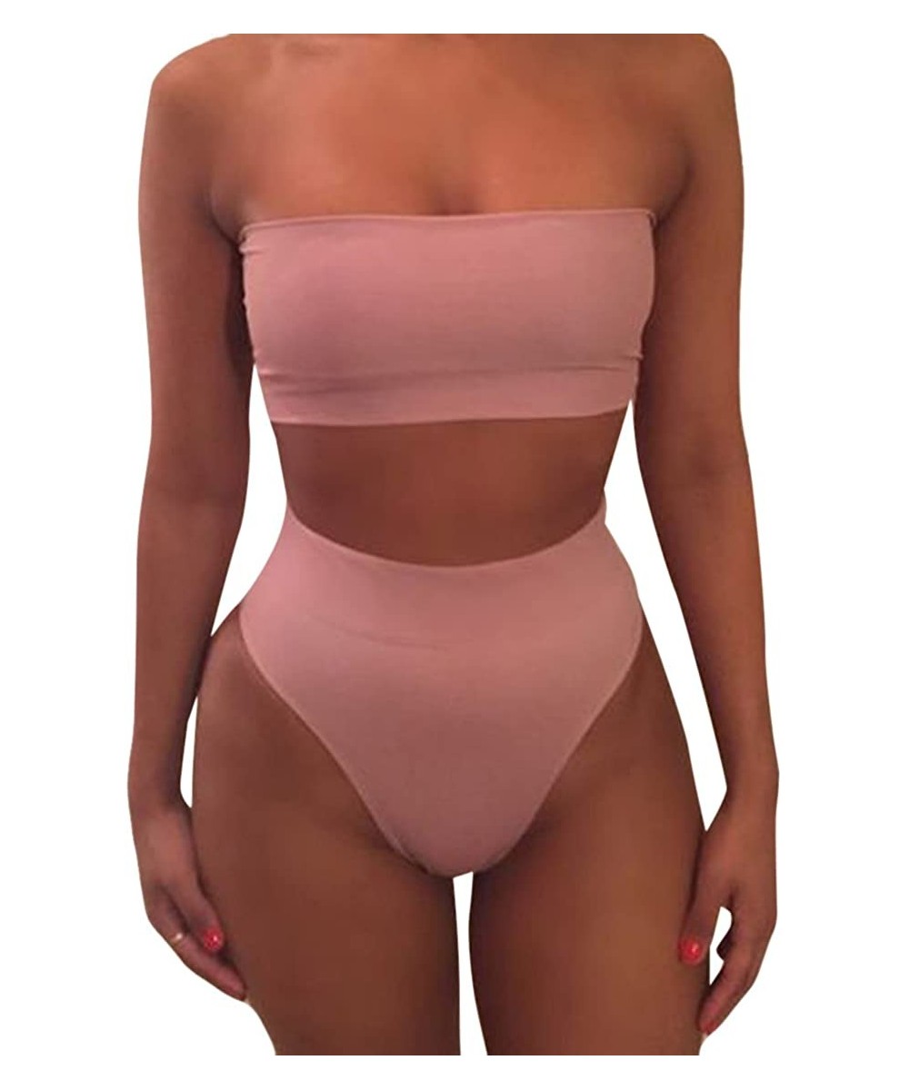 Sets Women's Removable Strap Bandeau Top High Cut Cheeky Bikini Set Swimsuit - Pink - CW18T2UE8ZR