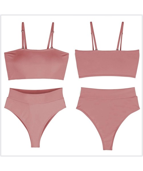 Sets Women's Removable Strap Bandeau Top High Cut Cheeky Bikini Set Swimsuit - Pink - CW18T2UE8ZR