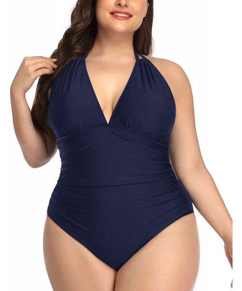 One-Pieces Women Plus Size V-Neck One Piece Bathing Suits Halter Tummy Control Swimsuits - Dark Blue-1 - CR18X6TL4E2