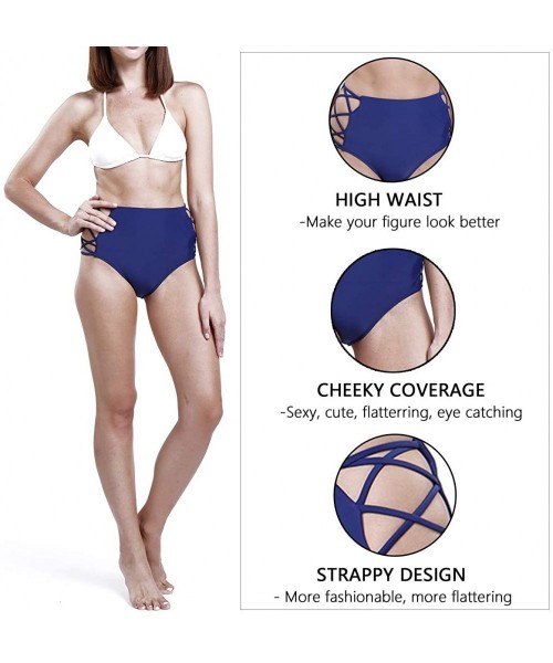 Bottoms Women Sexy High Waisted Bikini Bottoms Strappy Sides Retro Bathing Suit Underwear Swimsuit - Navy Blue - CE18TOE2OE0