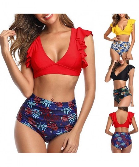 Cover-Ups Swimsuits for Women Tummy Control-Floral Ruffle Bikini Push Up Swimsuit High Waisted Bottom V Neck 2 Pieces Bathing...