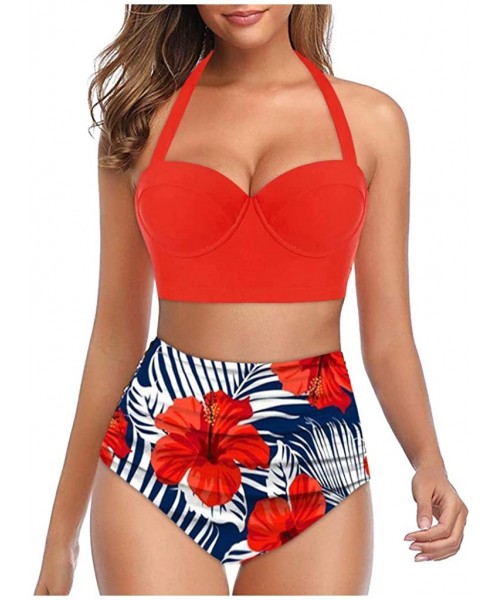 Racing Women Vintage Swimsuit Two Piece Retro Halter Floral Sunflower High Waist Bottom Swimwear Tankini - Orange - CU196GTK3OY