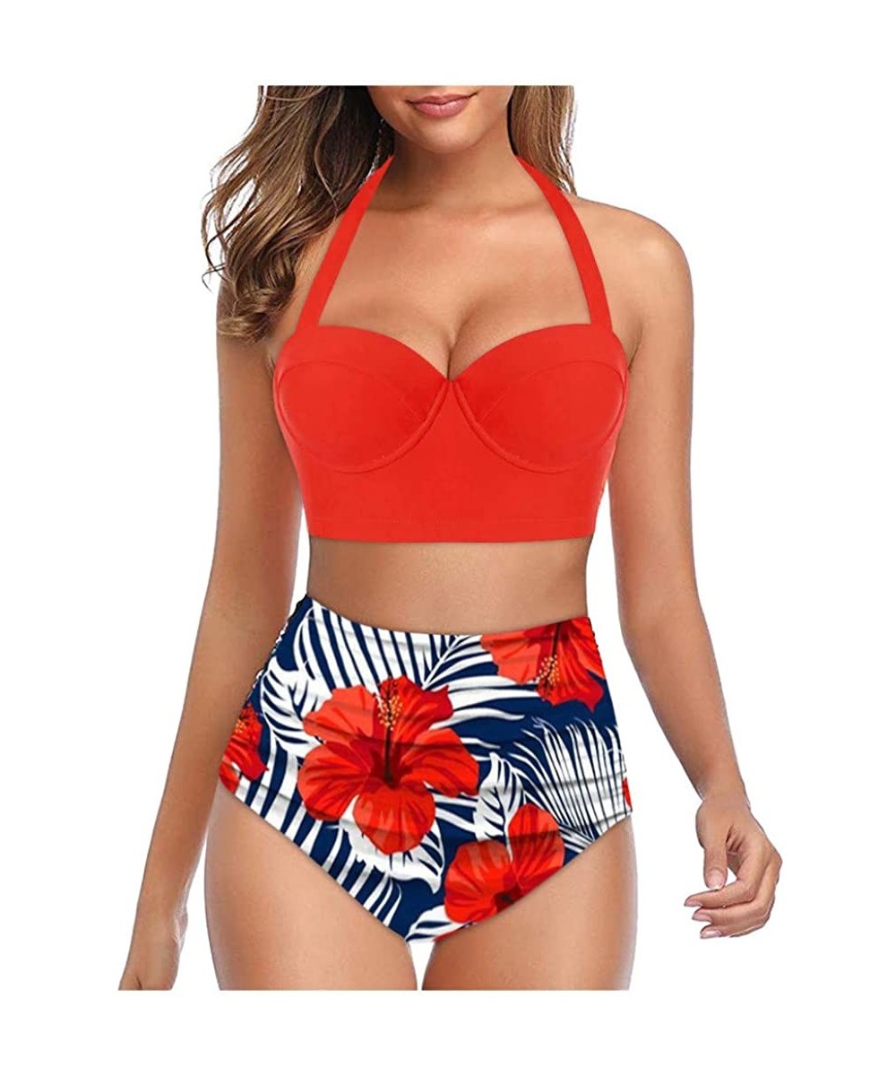 Racing Women Vintage Swimsuit Two Piece Retro Halter Floral Sunflower High Waist Bottom Swimwear Tankini - Orange - CU196GTK3OY