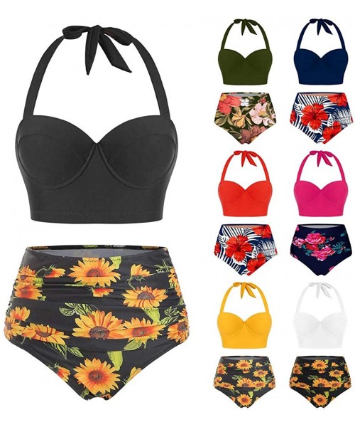 Racing Women Vintage Swimsuit Two Piece Retro Halter Floral Sunflower High Waist Bottom Swimwear Tankini - Orange - CU196GTK3OY