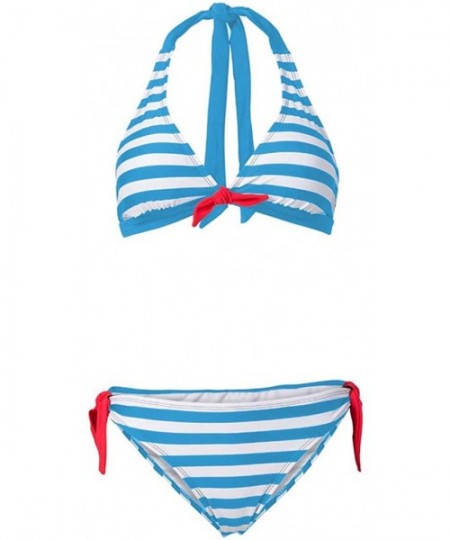 Racing Stripe Back Braided Straps Reversible Tank Top Strappy Lace Up Bikini Sets - Light Blue - C9195LQ65U4