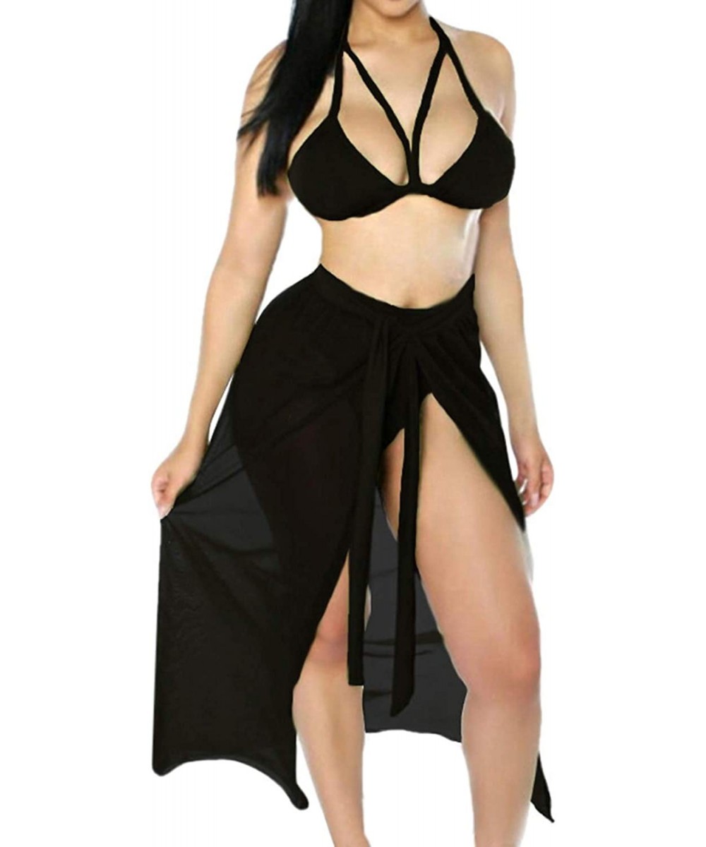 Sets Women's Halter Lace up Crop Top High Cut Bottom Mesh Maxi Skirt 3 Piece Swimsuit - Black - C919C4ITM0U