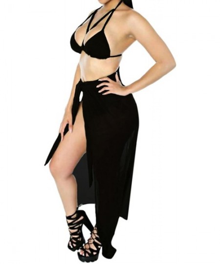 Sets Women's Halter Lace up Crop Top High Cut Bottom Mesh Maxi Skirt 3 Piece Swimsuit - Black - C919C4ITM0U