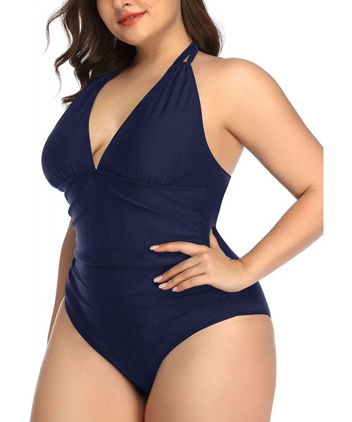 One-Pieces Women Plus Size V-Neck One Piece Bathing Suits Halter Tummy Control Swimsuits - Dark Blue-1 - CR18X6TL4E2