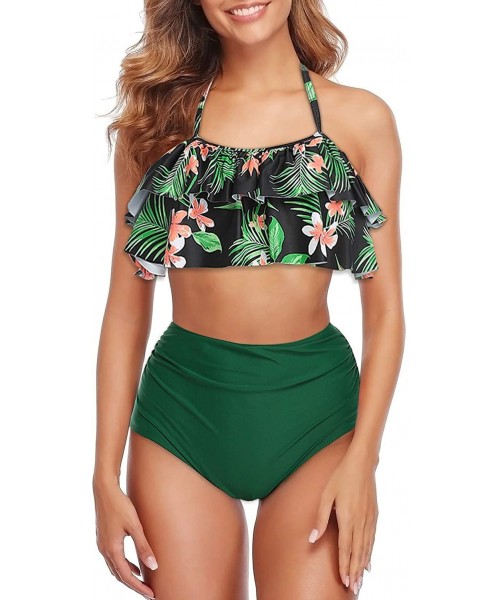 Sets Women's High Waist Bikini Tassel Flounce Two Piece Swimsuits Flowy Bathing Suit - Green Leaves-halter - CF193OMSZXL