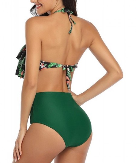 Sets Women's High Waist Bikini Tassel Flounce Two Piece Swimsuits Flowy Bathing Suit - Green Leaves-halter - CF193OMSZXL