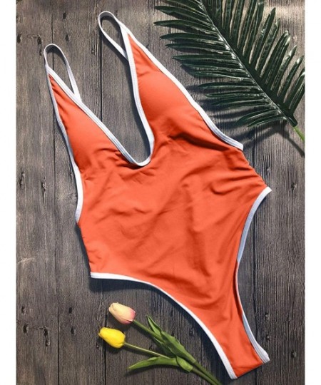 One-Pieces Sexy Womens Monokini Deep V One Piece Backless Cheeky Swimwear Semi Thong Bikini - Orange - CE18E37XDA4