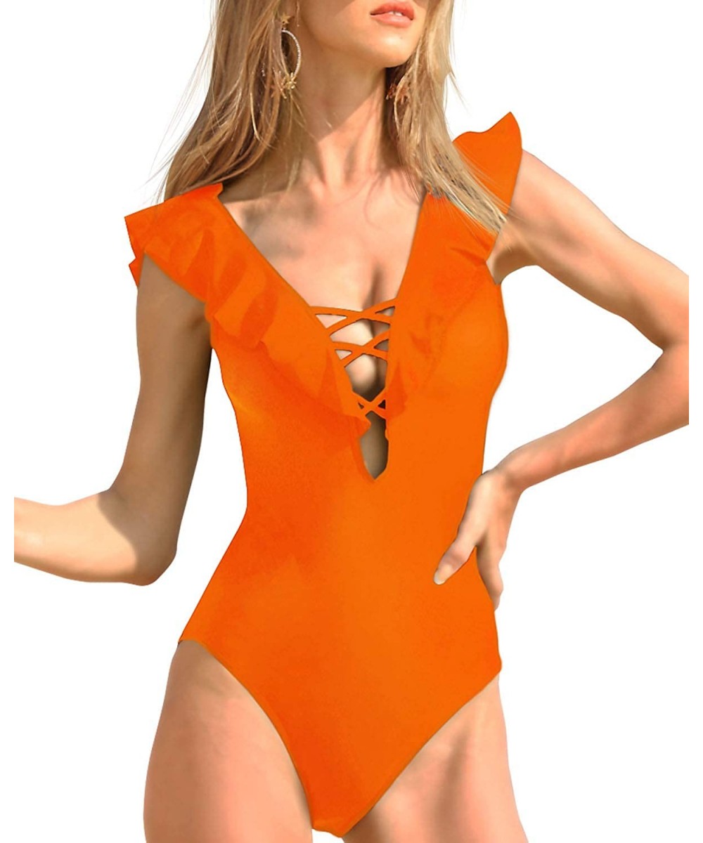 One-Pieces One Piece Swimsuit for Women Lace Up Ruffled Monokini V Neck Plunge Bathing Suit - Neon Orange - CI18UEIYL8I