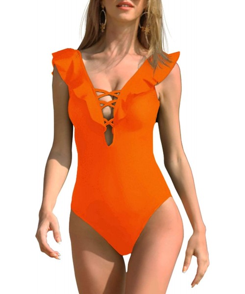 One-Pieces One Piece Swimsuit for Women Lace Up Ruffled Monokini V Neck Plunge Bathing Suit - Neon Orange - CI18UEIYL8I